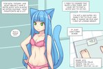 blue_hair bottomwear bow_panties bow_underwear bra breasts cleavage clothed clothing dialogue female frown green_eyes hair inner_monologue navel panties pink_bra pink_clothing pink_panties pink_underwear solo speech_bubble standing tail teeth text topwear underwear underwear_only pixiveo myu_(pixiveo) animal_humanoid cat_humanoid felid felid_humanoid feline feline_humanoid humanoid mammal mammal_humanoid 3:2 comic english_text