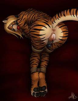 anthro anus ball_gag bdsm black_nose black_pawpads black_stripes blonde_hair colored_nails feline_ears female fur gag genitals hair looking_at_viewer nails orange_body orange_fur pawpads paws pink_anus plump_labia pumped_pussy raised_tail red_ball_gag red_nails rope solo stripes tail vulva vulva_pump yellow_eyes statik rena_(statik) felid mammal pantherine tiger 2026 hi_res