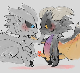 anthro balls black_body black_scales black_sclera blush bodily_fluids censored_genitalia censored_penis chibi duo erection frottage genitals grey_body grey_scales heart_censor heart_symbol holding_head horn humanoid_genitalia humanoid_penis looking_at_genitalia looking_at_penis looking_down male male/male non-mammal_balls penile penis penises_touching scales sex simple_background spikes sweat sweatdrop tail touching_penis doneru capcom monster_hunter mythology dragon elder_dragon kushala_daora monster mythological_creature mythological_scalie nergigante scalie censored sketch
