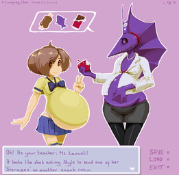 accessory apple belly big_belly bone bottomwear bow_(feature) bow_tie bra brown_eyes brown_hair candy chocolate chocolate_bar clothing dating_sim dessert duo eyebrow_through_hair eyebrows female fin food footwear fruit gameplay_mechanics gem gesture grey_bottomwear grey_clothing grey_skirt hair hair_accessory hairband hand_gesture hand_on_belly head_fin inflation jewelry legwear looking_at_viewer meat meat_with_bone necklace parody pearl_(gem) pearl_necklace pink_background plant purple_body purple_eyes purple_skin red_bra red_clothing red_underwear school_uniform shirt short_hair simple_background skirt smile socks speech_bubble teacher text thin_thighs topwear translucent translucent_hair underwear uniform v_sign white_clothing white_shirt white_topwear yellow_clothing yellow_footwear yellow_legwear yellow_shirt yellow_socks yellow_topwear susfishous lancet_(susfishous) style_gean aquatic fish human lancetfish mammal 2017 english_text hi_res