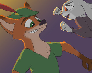 anthro clothing costume duo female hat headgear headwear holidays male male/female a-signature disney halloween robin_hood_(disney) zootopia judy_hopps nick_wilde robin_hood canid canine fox lagomorph leporid mammal rabbit red_fox true_fox vampire 5:4 hi_res