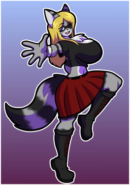anthro big_breasts black_clothing black_shirt black_topwear blonde_hair boots border bottomwear breasts chest_tuft cleavage clothed clothing crop_top eyelashes female fluffy fluffy_tail footwear gradient_background grey_body hair huge_breasts one_eye_closed open_mouth pose red_bottomwear red_clothing red_skirt shirt shoes simple_background skirt solo tail topwear tuft white_border isokilo mammal procyonid raccoon colored hi_res shaded