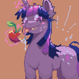 apple bodily_fluids ear_tuft female feral food fruit hair_strands horn looking_at_viewer plant saliva simple_background smile smiling_at_viewer solo sweat sweatdrop tongue tongue_out tuft mechtal friendship_is_magic hasbro my_little_pony mythology twilight_sparkle_(mlp) equid equine mammal mythological_creature mythological_equine unicorn 1:1 digital_media_(artwork) hi_res pixel_(artwork)