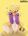 anthro blush bodily_fluids covering covering_face crying female heart_symbol looking_at_viewer solo tears sheepsheepbeep bandai_namco digimon canid canine digimon_(species) mammal renamon