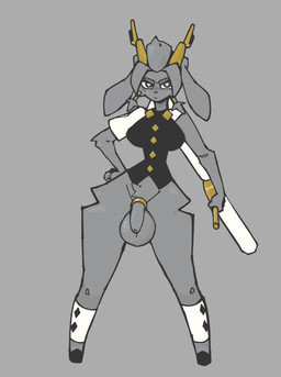 accessory anthro antlers balls big_balls biped bottomless breasts button_(fastener) clothed clothing cock_ring crotch_tuft dream_breaker_(pseudoregalia) eyebrows flaccid floppy_ears foreskin front_view frowning_at_viewer fur genitals gold_cock_ring grey_background grey_body grey_eyes grey_fur gynomorph hand_on_hip holding_object holding_weapon horn intersex jewelry monotone_background partially_clothed penis penis_accessory penis_jewelry pupils simple_background small_waist solo standing star_pupils thick_eyebrows topwear tuft vest weapon white_pupils echossmetches pseudoregalia sybil_(pseudoregalia) hybrid jackalope lagomorph mammal 2024 hi_res