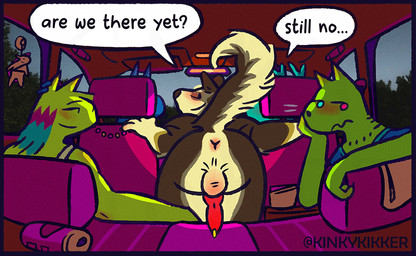 ambiguous_gender animal_genitalia animal_penis anthro anus blush butt canine_genitalia canine_penis car casual_nudity clothed clothing dialogue fur genital_piercing genitals group inside_car inside_vehicle looking_back male nude penis penis_piercing piercing presenting presenting_anus presenting_hindquarters prince_albert_piercing tail text topwear vehicle kinkykikker rog_(rogulus) canid canine canis mammal wolf digital_media_(artwork) english_text