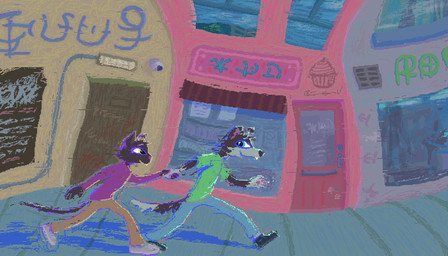 anthro blue_bottomwear blue_clothing blue_pants bottomwear building clothing detailed_background door duo green_clothing green_shirt green_t-shirt green_topwear male open_mouth open_smile pants pink_clothing pink_shirt pink_topwear running shirt smile t-shirt topwear town yellow_bottomwear yellow_clothing yellow_pants demensa canid canine canis domestic_cat domestic_dog felid feline felis mammal 2023 7:4 digital_media_(artwork) hi_res pixel_(artwork)