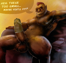 armpit_hair balls biceps big_muscles big_penis body_hair brown_penis condom dialogue ear_piercing erection facial_piercing genitals hairy hairy_balls humanoid_genitalia humanoid_penis humanoid_pointy_ears looking_at_viewer male muscular muscular_humanoid muscular_male nipple_piercing nipples nose_piercing nose_ring not_furry nude pecs penis piercing pointy_ears pubes ring_piercing septum_piercing sexual_barrier_device small_condom solo spread_arms spread_legs spreading text tusks vein veiny_penis wearing_condom junkersquawker humanoid orc english_text hi_res