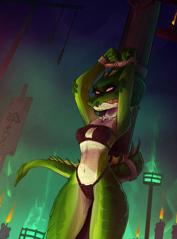 angry anthro arms_above_head arms_tied bottomwear bound clothing fantasy female gag gagged green_body jewelry loincloth necklace panties ritual ritual_site solo standing tail tail_tied tied_to_pole underwear conditional_dnp shido-tara lizard reptile scalie hi_res