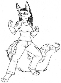 anthro arm_tuft barefoot biped bottomwear breasts cargo_pants cheek_tuft clothing dreadlocks elbow_tuft facial_tuft feet female frown fur gloves_(marking) hair inner_ear_fluff markings pants shirt simple_background solo spots spotted_body spotted_fur topwear tuft david_a_cantero boko canid canine canis felid hybrid jaguar mammal pantherine wolf 2018 hi_res monochrome