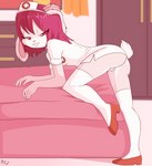 adolescent anthro bed bedroom_eyes bent_over biped bottomless bottomless_anthro bottomless_female breasts buckteeth clothed clothed_anthro clothed_female clothing detailed_background eyelashes female female_anthro furniture genitals hair leaning_on_bed legwear loli looking_at_viewer narrowed_eyes no_underwear nurse pink_body pose pumps pussy red_eyes red_hair seductive side_view small_breasts solo stockings teeth text young young_anthro young_female fuf lagomorph leporid mammal rabbit 2022 artist_name digital_drawing_(artwork) digital_media_(artwork) english_text full-length_portrait handwritten_text hi_res portrait