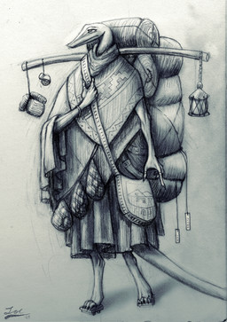 asian_clothing backpack clothing east_asian_clothing footwear geta horizontal_pupils japanese_clothing lamp merchant poncho pupils traveling dirtypaperjoe reptile scalie snake 2025 absurd_res hi_res traditional_media_(artwork)