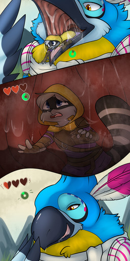 ambiguous_gender beak beak_lick bodily_fluids drooling duo extreme_size_difference fatal_vore gameplay_mechanics gui health_bar imminent_death inside_stomach internal licking licking_lips licking_own_beak licking_own_lips male male/male male_pred male_prey open_beak open_mouth open_smile oral_vore organs saliva self_lick size_difference smile stomach stomach_acid tongue tongue_out vore rainypaws breath_of_the_wild nintendo the_legend_of_zelda kass_(tloz) ruka_(raccoonvandal) avian bird mammal procyonid raccoon rito absurd_res comic hi_res
