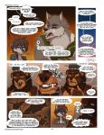 anthro aska_(fluff-kevlar) bear blue_eyes bodily_fluids brown_hair canid canine canis clothed clothing comic conditional_dnp countershading dialogue digital_media_(artwork) english_text female fluff-kevlar hair kiga_(fluff-kevlar) male mammal shaded sweat tala_(fluff-kevlar) text tribal wolf