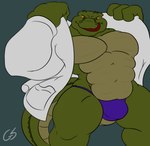 anthro bulge clothing licking licking_lips looking_at_viewer male muscular solo tongue tongue_out underwear undressing yellow_sclera gs teenage_mutant_ninja_turtles leatherhead 2010