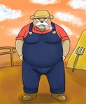 anthro blush brown_body brown_fur clothing facial_hair farmer fur hat headgear headwear male mustache outside overalls overweight overweight_anthro overweight_male shirt smoking solo topwear bullbluedog canid canine canis domestic_dog mammal 2020 hi_res