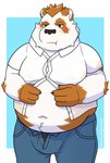 anthro belly bottomwear bulge clothing fur humanoid_hands male navel orange_body orange_fur overweight overweight_anthro overweight_male pants shirt solo tight_clothing topwear weight_gain white_body white_fur harushipanda bear giant_panda mammal 2021 absurd_res hi_res