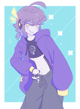 abstract_background ahoge bottomwear clothed clothing ear_fins facial_markings femboy fin fingers gesture grey_body hair hand_gesture head_markings hologram hologram_ears hoodie leaning leaning_forward long_hair looking_at_viewer machine male markings metallic_body midriff navel not_furry pants pointing pointing_down ponytail pulling_down_pants purple_hair shutter_iris simple_background smile smiling_at_viewer smirk smirking_at_viewer solo star sweatpants topwear yellow_eyes amaruu vtuber faris_v5 android humanoid robot 2025 absurd_res colored digital_media_(artwork) hi_res portrait three-quarter_portrait