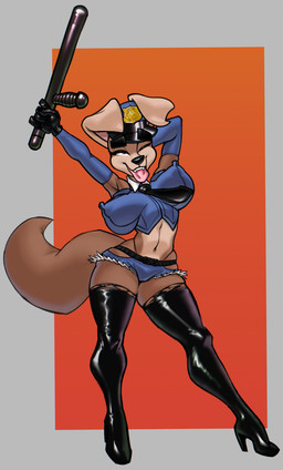 anthro arm_warmers armwear boots bottomwear clothing erect_nipples eyebrows female footwear gloves hand_behind_head handwear high_heeled_boots high_heels latex latex_clothing latex_gloves latex_handwear latex_legwear legwear nipple_outline nipples one_eye_closed police police_officer police_uniform pose raised_arm raised_eyebrow shoes shorts solo standing tail teeth thick_eyebrows thigh_boots thigh_highs thong tongue tongue_out torn_bottomwear torn_clothing torn_shorts underwear uniform wink igneja kom_(komdog) canid canine mammal absurd_res hi_res