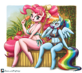 accessory anthro back_wings bikini black_clothing black_swimwear blue_body blue_fur blush bow_ribbon breast_size_difference breasts cleavage clothed clothing duo eye_contact feathered_wings feathers female food fur hair hair_accessory hair_bow hair_ribbon hair_tie hooves larger_female looking_at_another multicolored_hair pink_body pink_fur pink_hair plant ponytail popsicle popsicle_in_mouth rainbow_hair ribbons sitting size_difference smaller_female smile swimwear thick_thighs two-piece_swimsuit unguligrade wings king-kakapo friendship_is_magic hasbro my_little_pony mythology pinkie_pie_(mlp) rainbow_dash_(mlp) equid equine horse mammal mythological_creature mythological_equine pegasus pony 2019 hi_res