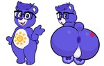 anthro anus backsack balls bedroom_eyes big_butt butt eyewear fur genitals glasses glistening glistening_butt hair heart_symbol kneeling looking_at_viewer looking_back looking_back_at_viewer male narrowed_eyes nude open_mouth open_smile pawpads paws plushie purple_anus purple_body purple_eyes purple_fur purple_hair purple_nose rectangular_glasses scut_tail seductive short_tail simple_background slightly_chubby smile solo standing tail white_background white_body white_fur acstlu care_bears fan_character animate_inanimate bear living_plushie mammal 2022 absurd_res hi_res