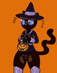 anthro black_body black_fur black_tail bottomless bottomless_anthro bottomless_female clothed clothing eyewear female female_anthro fur genitals orange_background pussy simple_background solo tail whiskers catscatscatscatscats fetch!_with_ruff_ruffman holloween pbs blossom_(fetch_with_ruff_ruffman) domestic_cat felid feline felis mammal 2020 digital_drawing_(artwork) digital_media_(artwork) portrait three-quarter_portrait