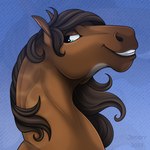 ambiguous_gender blue_eyes brown_body brown_hair brown_mane feral hair looking_back mane simple_background smile solo teeth jenery dolero equid equine horse mammal 1:1 2019 bust_portrait digital_media_(artwork) hi_res portrait