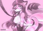 anthro blush breasts canid canine collar collar_only digital_media_(artwork) female fur hair kneeling leash leashed_collar leashed_female looking_at_viewer mammal nipples nude open_mouth pawziclawzi shiva_cheshire simple_background solo submissive