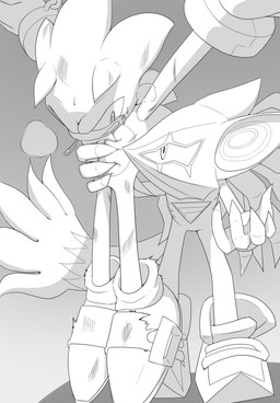 anthro belly belly_grab belly_squish bodily_fluids bound breath chain chained clenched_teeth clothing duo eye_contact footwear gloves hands_tied handwear looking_at_another male mask scratches shoes squish suspension sweat teeth wounded kalk427 sega sonic_forces sonic_the_hedgehog_(series) infinite_(sonic) sonic_the_hedgehog canid canine canis eulipotyphlan hedgehog jackal mammal greyscale hi_res monochrome