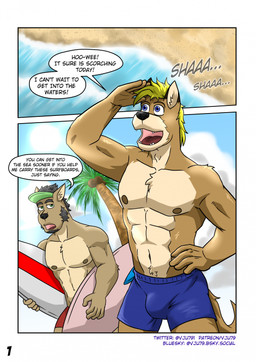 abs anthro beach black_hair blonde_hair blue_bottomwear blue_clothing blue_eyes blue_shorts bottomwear brown_body brown_fur clothed clothing coconut_tree day dialogue duo excited facial_hair fruit_tree fur goatee green_eyes hair hand_on_hip hat headgear headwear holding_object holding_surfboard male muscular muscular_anthro muscular_male navel open_mouth outside page_number palm_tree pecs plant raised_arm red_bottomwear red_clothing red_shorts sea shading_eyes shorts sideburns speech_bubble surfboard tail text topless topless_anthro topless_male tree two_frame_image unimpressed visor_cap water vju79 bluesky_(social_media) patreon twitter guss_(vju79) roj_(vju79) canid canine canis mammal wolf comic english_text hi_res multiple_scenes url