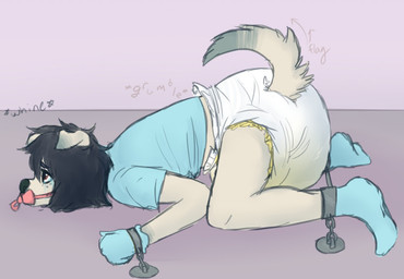 ambiguous_gender anthro bodily_fluids bound clothed clothing detailed_background diaper dipstick_ears dipstick_tail ear_markings fur gag genital_fluids hair lying markings multicolored_ears onomatopoeia pacifier pacifier_gag shirt solo sound_effects tail tail_markings text topwear unclean_diaper urine used_diaper wearing_diaper wet_diaper wetting monsterbunny gally_(monsterbunny) canid canine canis domestic_dog mammal 2015 archived_source digital_drawing_(artwork) digital_media_(artwork) english_text