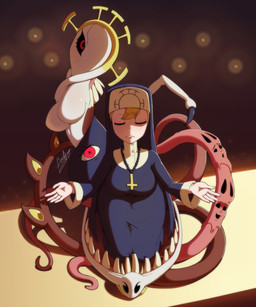 blonde_hair church clothed clothing cross cross_necklace duo eyes_closed female fully_clothed hair high-angle_view inverted_cross jewelry kneeling monster_girl_(genre) necklace not_furry nun nun_outfit simple_background tentacles white_body white_skin wide_hips b0liy0 skullgirls agatha_gloomfoil double_(skullgirls) eldritch_abomination human humanoid mammal monster monstrous_humanoid 5:6 absurd_res digital_media_(artwork) full-length_portrait hi_res portrait signature