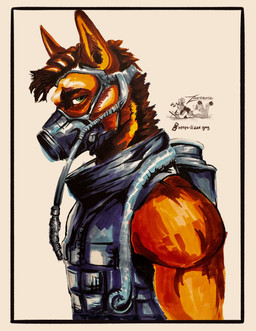 abstract_background anthro armor athletic athletic_anthro athletic_male belt biceps biped black_border black_clothing black_hair black_topwear blue_clothing body_armor border bound breastplate brown_body brown_fur brown_hair bulletproof_vest cheek_tuft clothed clothing cyberpunk ears_back ears_up eyebrows facial_scar facial_tuft fluffy fully_clothed fur gas_mask gloves green_eyes hair half-closed_eyes handwear harness inner_ear_fluff jacket leather leather_clothing looking_at_viewer looking_away looking_back machine male markings mask military military_uniform multicolored_body multicolored_fur muscular muscular_anthro muscular_male muzzle_(object) muzzled narrowed_eyes neck_tuft orange_body orange_fur pivoted_ears pointy_ears police police_uniform pose prick_ears restraints scar science_fiction shirt short_hair shoulder_pads side_view simple_background sleeveless_clothing sleeveless_shirt smile snout soldier solo sportswear standing straps suit tan_background tan_body tan_fur tank_top text tight_clothing topwear tube tuft uniform vest warrior wearing_mask white_background white_border zaverose canid canine canis domestic_dog fox german_shepherd herding_dog humanoid hybrid hyena mammal pastoral_dog spotted_hyena werecanid werecanine werecreature wolf absurd_res artist_name colored detailed digital_drawing_(artwork) digital_media_(artwork) english_text half-length_portrait hi_res marker_(artwork) painting_(artwork) portrait shaded signature sketch three-quarter_portrait traditional_media_(artwork) watermark