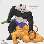 abs anthro barazoku bulge butt duo eyewear fur genitals glasses male male/male mane muscular muscular_anthro muscular_male nipples pecs penis scar simple_background teeth text threatening whiskers white_background jayjay_(artist) beastars gouhin_(beastars) ibuki_(beastars) bear felid giant_panda lion mammal pantherine absurd_res hi_res url