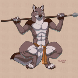 abs animal_genitalia anthro athletic athletic_anthro athletic_male balls barefoot big_sheath biped bottomwear bottomwear_aside brown_body brown_fur casual_exposure clothing clothing_aside crouching digitigrade feet fluffy fluffy_tail fully_sheathed fur genitals loincloth loincloth_aside looking_up male melee_weapon multicolored_body multicolored_fur navel orange_eyes polearm sheath simple_background smile solo spear tail text thick_sheath tribal weapon white_balls white_body white_fur richard_foley canid canine canis mammal wolf 1:1 2015