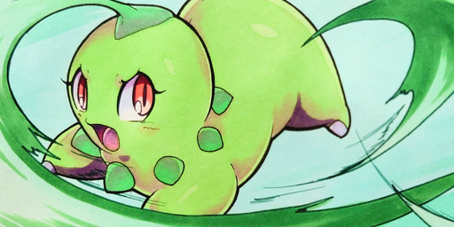 action_pose ambiguous_gender blush blush_lines eyelashes feral green_body looking_at_viewer open_mouth pose red_eyes simple_background solo tongue 025aki nintendo pokemon chikorita generation_2_pokemon pokemon_(species) 2025 absurd_res dated hi_res signature