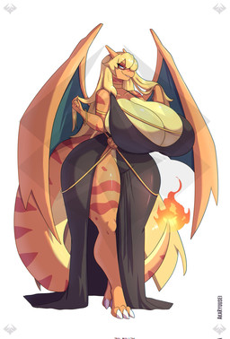 anthro armlet bangs bedroom_eyes big_breasts blonde_hair bracelet breasts cleavage clothed clothing dress eyelashes female gold_(metal) gold_jewelry hair huge_breasts huge_hips huge_thighs jewelry long_eyelashes membrane_(anatomy) membranous_wings narrowed_eyes seductive side_boob skimpy skimpy_dress solo tail thick_tail thick_thighs wide_hips wings akaryuusei nintendo pokemon charizard generation_1_pokemon pokemon_(species) hi_res