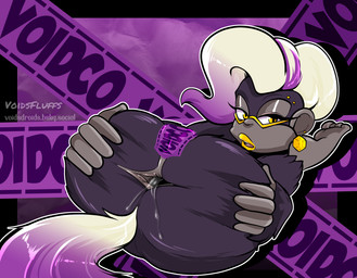 anal_only anthro anus black_border bodily_fluids border butt ear_piercing eyebrow_piercing eyelashes eyewear facial_piercing feet female fur glasses grey_body grey_fur hair highlights_(coloring) lipstick looking_at_viewer lying makeup nude on_back open_mouth piercing purple_background purple_body purple_fur purple_highlights purple_tail pussy_tape simple_background solo spread_anus spread_butt spreading tail tape text two_tone_tail white_hair white_tail yellow_eyes yellow_lipstick voidsdroids donkey_kong_(series) donkey_kong_bananza nintendo poppy_kong haplorhine kong mammal monkey primate hi_res