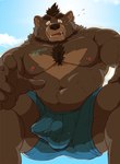 anthro balls_outline brown_body bulge clothing detailed_bulge genital_outline kemono male musclegut muscular navel nipples penis_outline slightly_chubby solo underwear raichoclub bear mammal 2025 hi_res