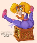 anthro big_butt blonde_hair butt clothed clothing crate eyewear eyewear_on_head female food footwear fruit goggles goggles_on_head green_eyes hair looking_at_viewer looking_back looking_back_at_viewer overalls plant shoes simple_background smile smiling_at_viewer solo wumpa_fruit triggerpigart activision crash_bandicoot_(series) coco_bandicoot bandicoot mammal marsupial 2024 hi_res