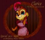 2013 4_fingers anthro bedroom_eyes blue_eyes brown_body brown_fur character_name chip_'n_dale chipmunk clarice_(disney) clothed clothing digital_media_(artwork) disney dress english_text eyelashes fake_advertisement feathers female fingers fur ground_squirrel half-closed_eyes hand_on_cheek happy hat headgear headwear mammal mikeeneko narrowed_eyes naughty_face pattern_background rodent sciurid seductive simple_background smile solo text