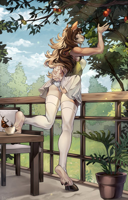 anthro biped breasts butt claws clothed clothed_anthro clothed_female clothing cloud day female fingers fur hair outside panties plant rear_view sky smile solo standing tail tree underwear upskirt bastika deer mammal 2025 absurd_res hi_res