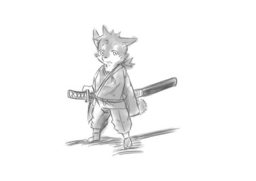 anthro asian_clothing biped clothing east_asian_clothing fur grey_body grey_clothing grey_eyes grey_fur grey_kimono japanese_clothing katana kemono kimono male melee_weapon solo standing sword weapon white_body white_fur asleepchef canid canine canis mammal wolf 2018 absurd_res hi_res monochrome