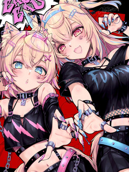 accessory ahoge animal_ears bare_shoulders belt big_breasts black_bottomwear black_bracelet black_choker black_clothing black_crop_top black_jewelry black_necklace black_shirt black_skirt black_topwear blonde_hair blue_eyes blue_nails blush bottomwear bra bracelet breasts chain_accessory choker clothing collarbone colored_nails crop_top cute_fangs ear_piercing ear_ring fake_horns fangs female fishnet_bra fishnet_clothing fishnet_underwear fluffy_ears footprint hair hair_accessory hair_between_eyes highlights_(coloring) jewelry long_hair looking_at_viewer nails navel necklace open_mouth pawprint piercing pink_eyes pink_nails raised_arm ring ring_piercing shirt short_hair skirt small_breasts tail teeth topwear underwear altoseneka hololive hololive_en vtuber fuwawa_abyssgard mococo_abyssgard animal_humanoid canid canid_humanoid canine canine_humanoid dog_humanoid humanoid mammal mammal_humanoid 3:4 hi_res