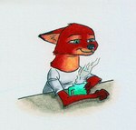 anthro at_table beverage coffee ears_back green_eyes male pivoted_ears simple_background smile solo white_background indigo_(artist) disney zootopia nick_wilde canid canine fox mammal red_fox true_fox