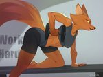 abs anthro athletic barefoot biceps bra clothing dumbbell_row exercise feet female fur green_eyes midriff muscular muscular_anthro muscular_female orange_body orange_fur plantigrade solo sports_bra sportswear underwear weightlifting weights workout yellow_sclera feliscede brutal_paws_of_fury foxy_roxy canid canine fox mammal 2021 digital_media_(artwork) shaded