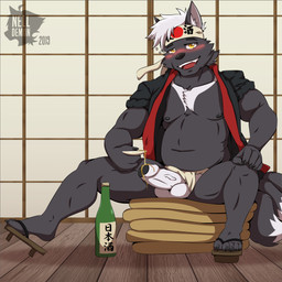 alcohol anthro asian_clothing balls belly beverage blush clothing drunk east_asian_clothing erection fundoshi fur genitals humanoid_genitalia humanoid_penis japanese_clothing looking_at_viewer male nipples penis sake solo substance_intoxication underwear nelldemon canid canine canis mammal wolf 2019 absurd_res digital_media_(artwork) hi_res letterbox