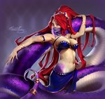 apode big_breasts breasts cleavage clothed clothing female hair legless long_hair looking_at_viewer red_hair serpentine solo split_form veil lerapi draconcopode lamia reptile scalie snake