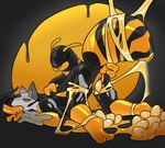 anthro black_background black_body egg fur goo_transformation grey_body grey_fur hypnotic_eyes male orange_body oviposition simple_background transformation hacony arthropod bee canid canine canis hymenopteran insect mammal wolf 2020