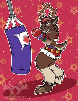 anthro antlers boxing boxing_gloves bra clothing exercise exercise_clothing eyewear female festive glasses handwear holidays horn punching_bag solo sport sports_bra underwear smidgenofpigeon_(artist) christmas deer mammal new_world_deer reindeer absurd_res hi_res